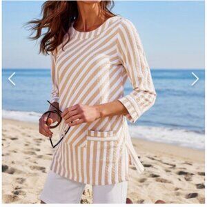 Soft Surroundings Glorieta Top PXL Beige & White Striped 3/4 Sleeve